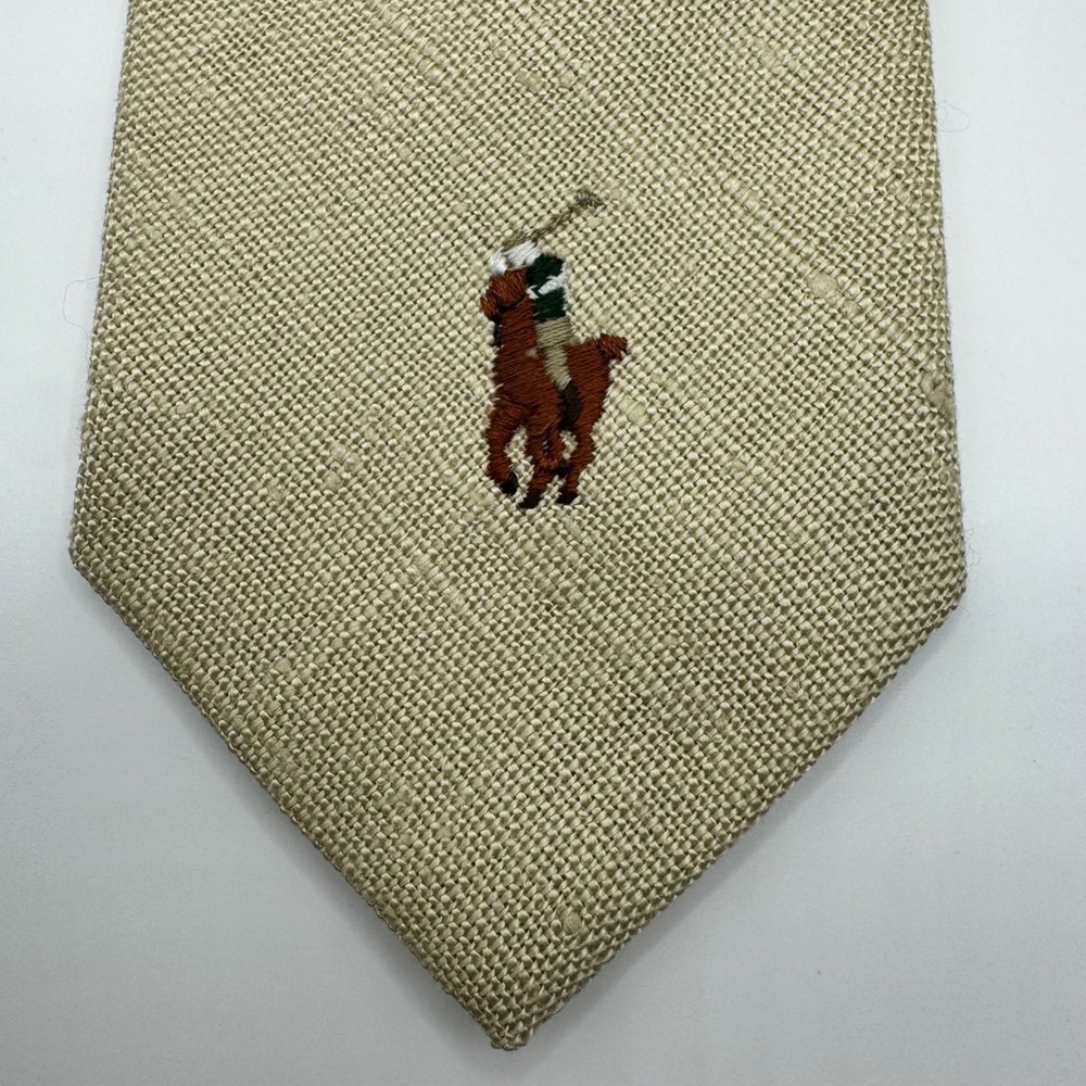 Polo Ralph Lauren Mens Tie Tan 100% Linen Embroidered Pony Logo Luxury Designer - Picture 2 of 9